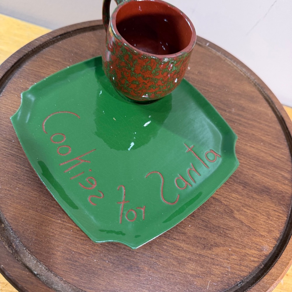 Tennessee Clayworks Vtg Cookies for Santa Set Green Redware Rustic Pottery